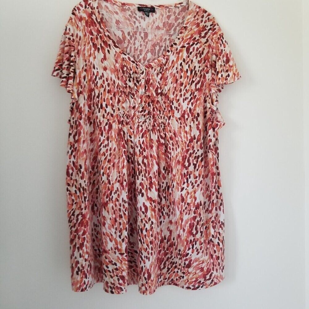 Cocomo Womens Blouse 2X Stretch Popover Pintuck Flutter Sleeve Tunic Abstract